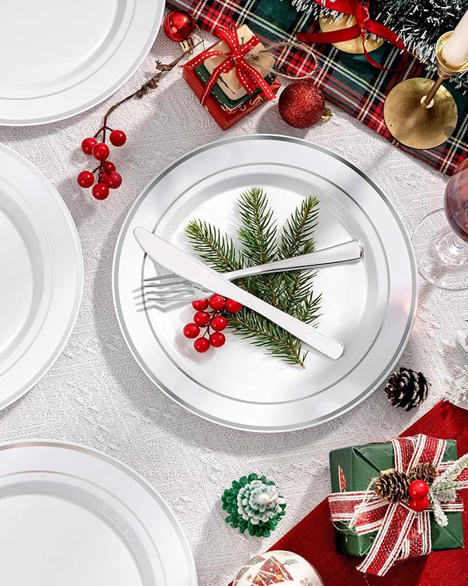 bUCLA 100Pieces Silver Plastic Plates - 10.25inch Silver Rim Disposable Dinner Plates - Ideal for Weddings, Parties