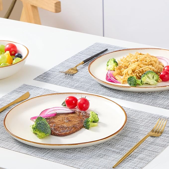 Bestone 12 Pieces Round Kitchen Dinnerware Sets竊똏lates and Bowls Sets,Dishes, Plates, Bowls, Dish Set, Chip Resistant Ceramic Dinnerware Set, Dishwasher/Microwave Safe,Service for 4,Pearl White