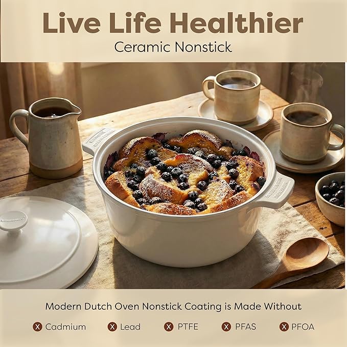 Gotham Steel 5 Qt Dutch Oven Pot with Lid, Nonstick Ceramic Dutch Oven Stock Pot, 10 in 1 Cooking Pots & Dutch Ovens for Bread Baking, Lightweight Oven & Dishwasher Safe ??Cream