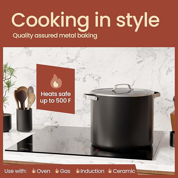Bakken 16 Quart Ceramic Coated Stock Pot with Lid, Easy Clean Nonstick Pot, Tempered Glass Lid, Riveted Stainless Steel Handles, Oven Safe Up To 500째F, PTFE & PFAS Free, All Stove Compatible, Black