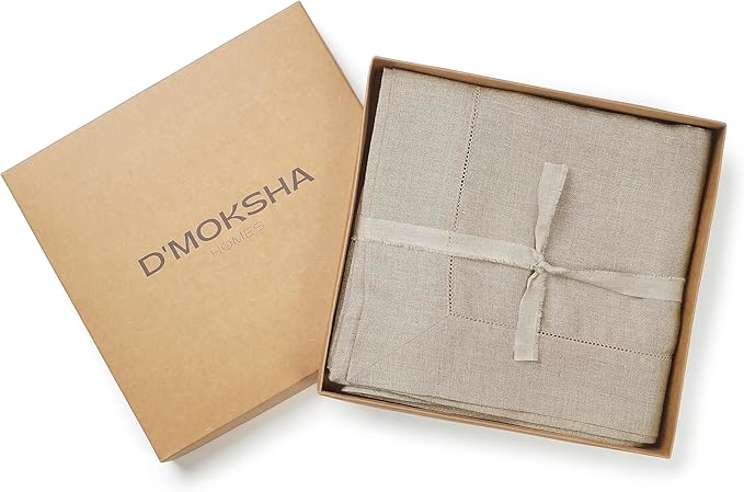 D'Moksha Homes Natural Linen Tablecloth for Rectangle Tables 60 x 144 Inch - 100% Pure Linen Natural Table Cloth - Classic Hemstitch, Machine Washable Dining Tablecloth for Valentines, Spring, Easter
