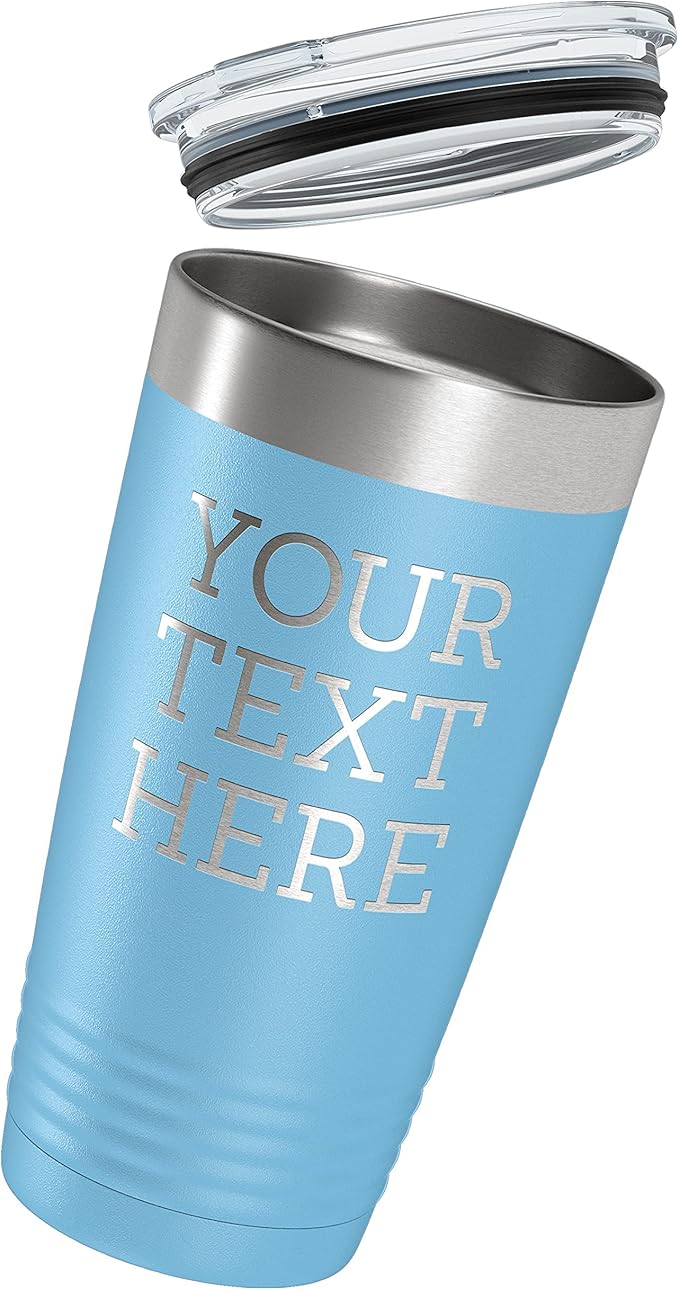 Personalized 20oz (17 Colors) Powder Coated Insulated Stainless Steel Tumbler with Lid, Custom Etched, Customized Text Message Name, Engraved Gift Idea Women Men Him Her, Your Text Here (Light Blue)