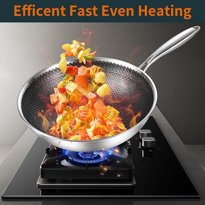 DELARLO Tri-Ply Stainless Steel Wok Pan With Lid 13 Inch, Oven Safe Up to 600??Woks & Stir-Fry Pans Nonstick Wok, Deep Frying Pan Efficent Fast Even Heating