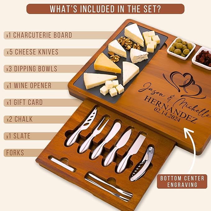 Personalized Acacia Wood Charcuterie Board Set with Stainless Steel Knives ??Custom Cheese Board Gift for Wedding, Christmas, Housewarming, Bridal Shower, Anniversary, Women and Couples, Gifts for Her
