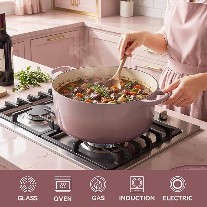 Vintage Style 6 Quart Dutch Oven Pot with Lid, Non Stick Enameled Cast Iron Dutch Oven for Bread Baking, Heavy-Duty, Oven Safe Ceramic Cookware Up to 500째F for Baking, Braising, Stews, Roasting, Pink