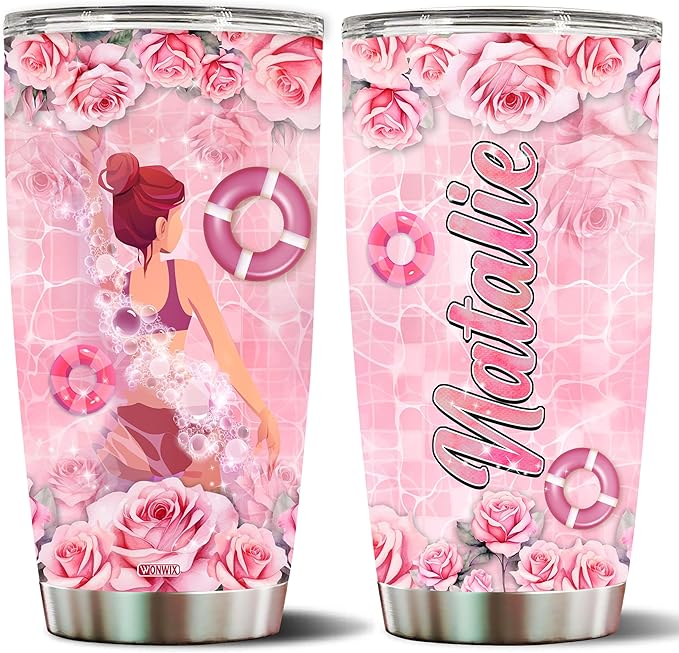 WONWIX Personalized Swimming Gifts for Women, Swim Coffee Cup Mug Tumbler Gift for Wife, Daughter, Christmas, Birthday, Mother's Day, Valentine, Travel Water Bottle Insulated 20oz Stainless Steel