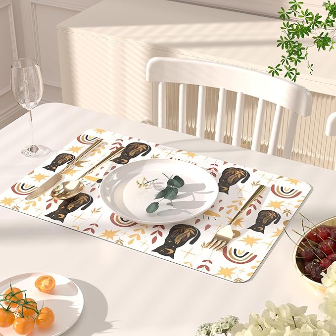 QIYI Placemats Set of 6, 12x18 Inch Faux Leather Place Mats for Kitchen Dinning, Heat Resistant Anti Slip Folk Table Mats, Waterproof Wipeable Washable Placemat Party Table D챕cor, Boho Black Cats