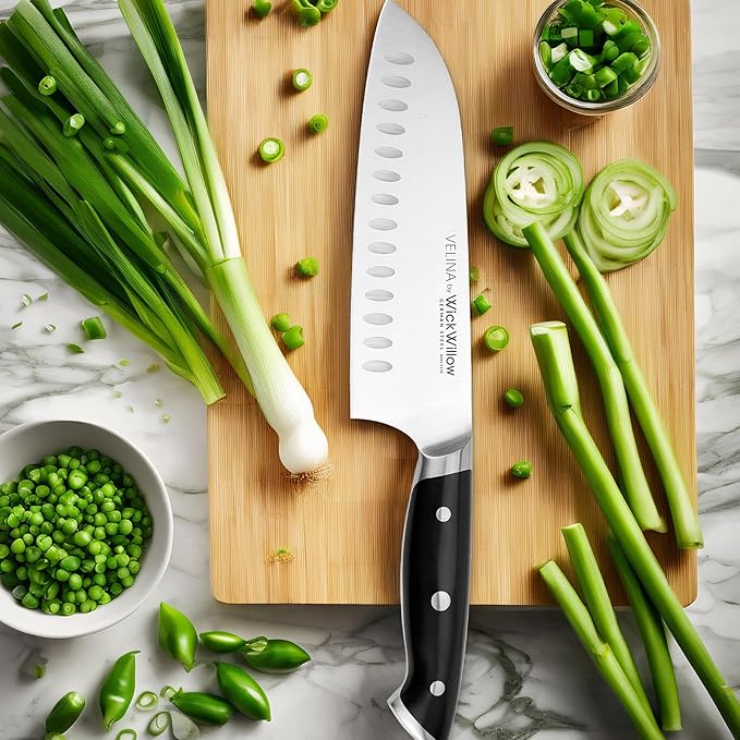 7 Inch Santoku Knife ??Razor Sharp German Steel Kitchen Knife for Chopping, Slicing & Mincing ??Hollow Edge Vegetable Knife with Full Tang & Ergonomic Handle ??Gift Box Included ??Velina Series