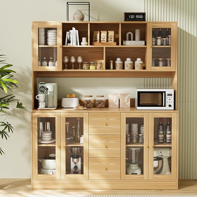 VOWNER Large Kitchen Hutch Cabinet, Kitchen Pantry Storage Cabinet with 6 Glass Doors, 3 Drawers & Microwave Shelf, Freestanding Cupboard for Open Storage, (Wood)