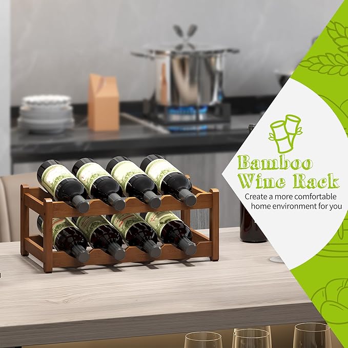 BMOSU Bamboo Wine Rack Wine Storage Cabinet Shelf 8 Bottle Wine Racks Countertop Sturdy for Kitchen Dining Room Pantry - 2 Tiers Wine Rack(Brown)