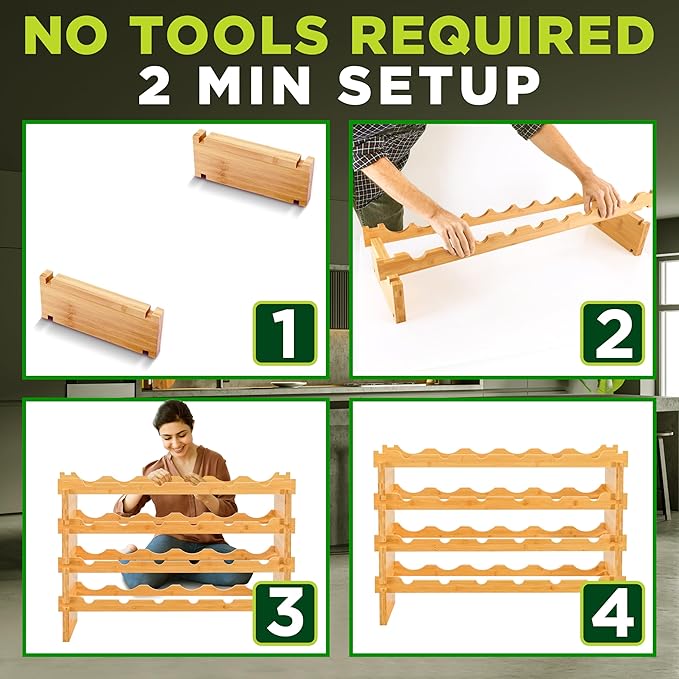 NutriChef Magnum Oversize 24 Bottle Stackable Modular Wine Rack, Upgraded 1??Thick Sideboard, .5??Rack Sticks, Sturdy Wobble Free Natural Bamboo Construction with Anti Moisture Protective Finish