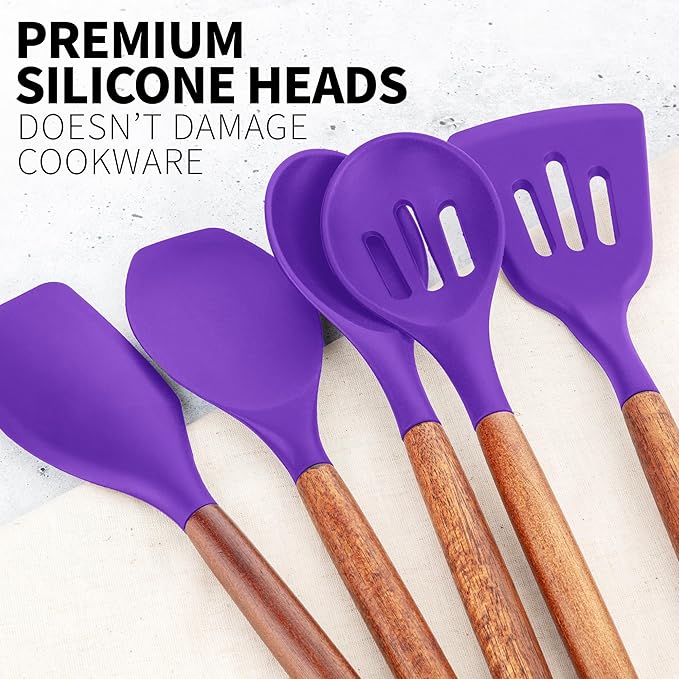 Zulay Kitchen Non-Stick Cooking Utensils Set with Authentic Acacia Wood Handles ??5-Piece Durable & Stylish Silicone Kitchen Utensils Set ??Heat Resistant to 464째F ??Purple