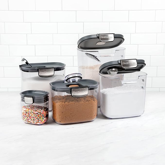ProKeeper+ Airtight Food Storage Container Set ??Clear Plastic Flour and Sugar Canister Set with Magnetic Accessories for Kitchen Organization (Grey, 9-Piece)