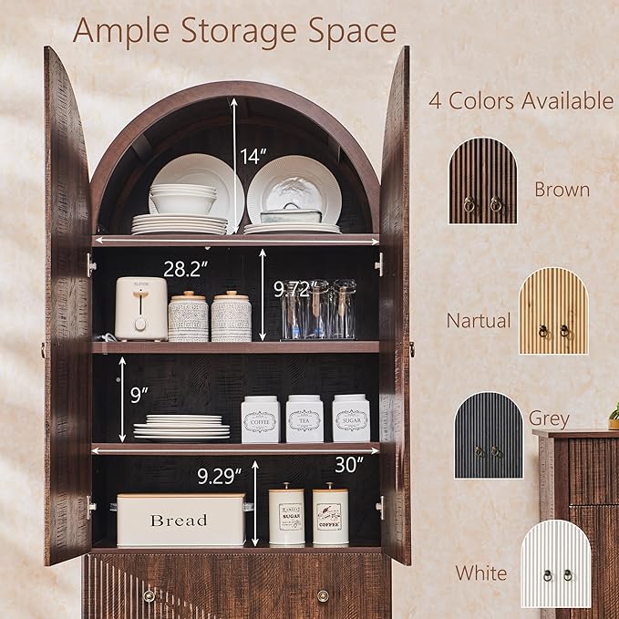 71" Tall Arched Pantry Cabinet, Fluted Kitchen Storage Cabinet with Adjustable Shelves and 2 Large Drawers, Freestanding Morden Versatile Cupboard for Living Room, Bathroom, Brown