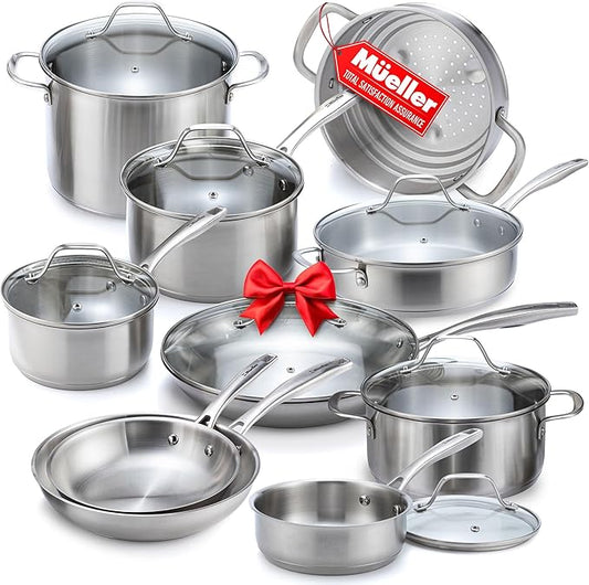 Mueller Pots and Pans Set 17-Piece, Ultra-Clad Pro Stainless Steel Cookware Set, Ergonomic EverCool Handle, Induction Cookware, Includes Saucepans, Skillets, Dutch Oven, Stockpot, Steamer For Cooking