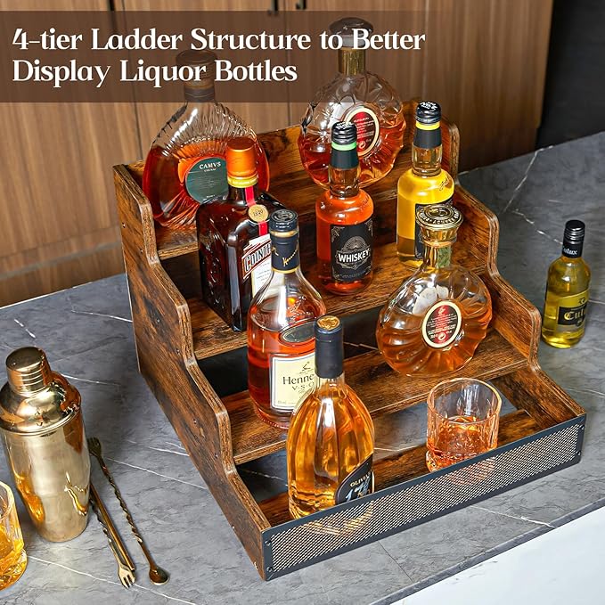 4 Step Countertop Liquor Bottle Display Shelf, Wood Bar Shelves 16 Bottles with Fences, Freestanding Storage Shelves for Liquor Whiskey Wine Coffee Syrup Display, Retro Wine Rack Home