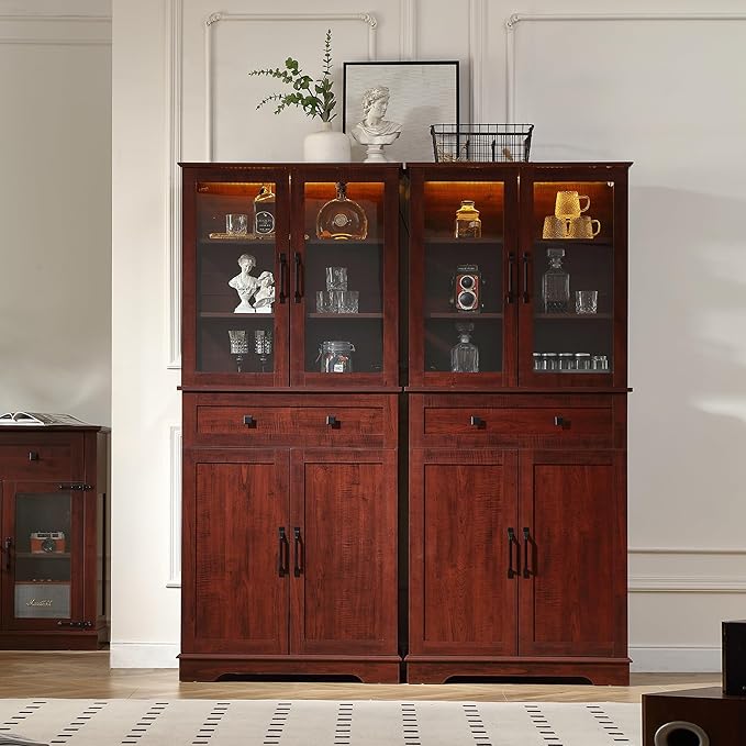 71'' Tall Pantry Cabinet with Glass Doors,Modern Kitchen Pantry Cabinet with 3 Adjustable Shelves and a Drawer, LED for Better Showcase,for Dining Room and Kitchen,Wine Red