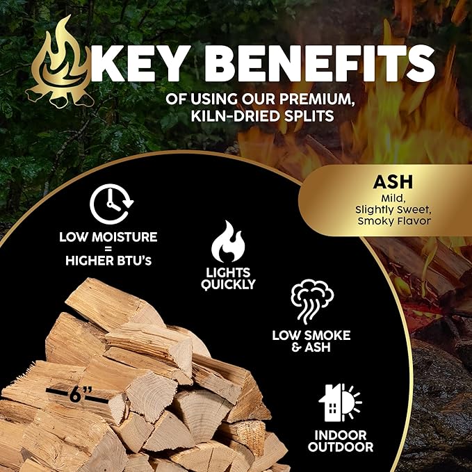 Firewood Central Kiln-Dried PA Ash ??6??Splits (Approx. 42 lb) ??Mild Smoking Wood for Pizza Ovens, BBQ & Fire Pits ??Easy Light, Low Smoke, USA-Sourced