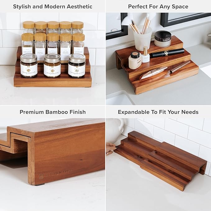 KitchenEdge Expandable Spice Rack Organizer for Cabinet, 3-Tier Shelf for Spice Organization (11??to 22??, Fits 36 Spice Jars, Seasoning and Pantry Storage, Non-Slip Feet, 100% Acacia Wood