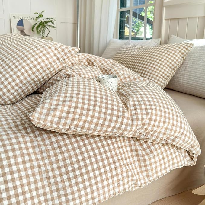 LifeTB Queen Comforter Set Tan Gingham Comforter Modern Style Beige Plaid Comforter Set 3 Pieces Fluffy Grid Checkered Comforter with 2 Pillowcases Boho Gingham Bedding Set Queen Size