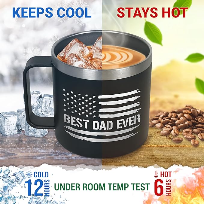 Christmas Birthday Gifts for Dad from Daughter Son Kids Wife - 14 oz Stainless Steel Insulated Coffee Mug with Lid - Best Dad Ever Birthday Gifts for Men Grandpa, Mens Gift Ideas for Christmas