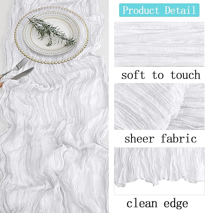 8 Pack White Cheesecloth Table Runner 20 x 120 inch Gauze Table Runners 10 FT Long,Semi Sheer Boho Cheese Cloth Fabric Table Runner Bulk for Wedding,Party,Baby Shower,Bridal Shower Decoration