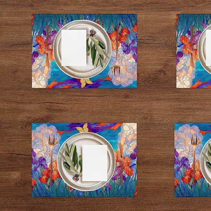 Jauageon Spring Iris Placemat Set of 4 Stained Glass Style Floral Placemats Flower Butterfly Table Mats for Indoor Outdoor Home Party Kitchen Dining Decor Farmhouse Burlap Table Mats 12x18 Inch