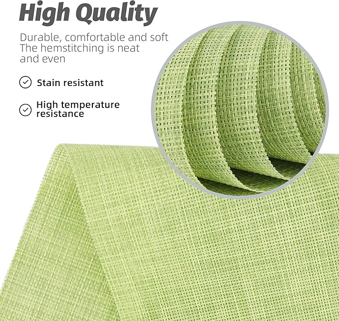 Set of 8 Green Placemats - Durable, Heat Resistant, Non-Slip, Washable PVC Vinyl Woven Table Mats for Dining Table - 12 x 17 Inch