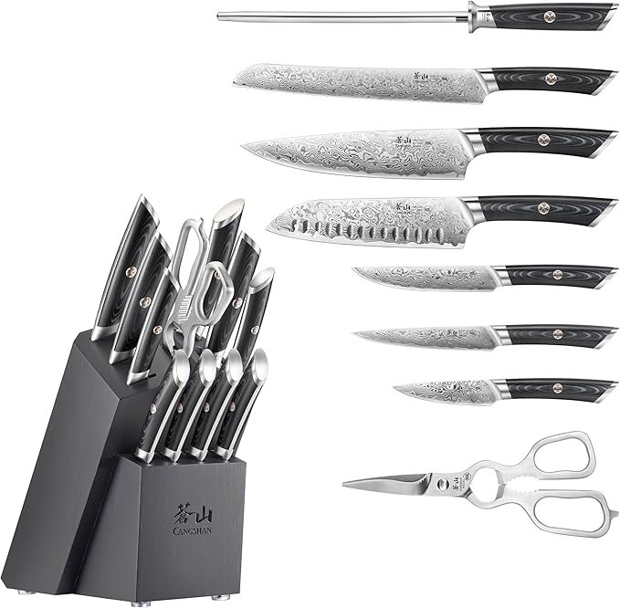 Cangshan KURO Series 12-Piece Knife Block Set, High Carbon X-7 Damascus Steel, 504340
