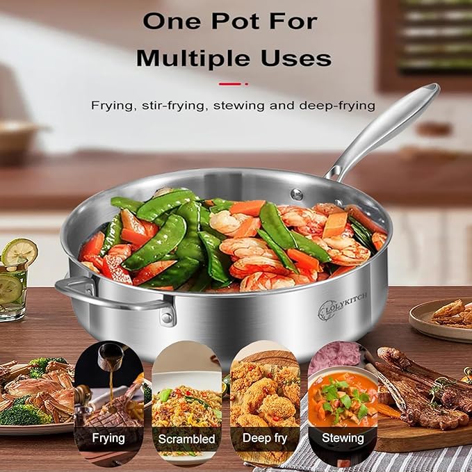 LOLYKITCH 8-10 Inch Tri-ply Stainless Steel Fry Pans and 6 QT Saut챕 Pan with Lid,Induction Cookware Set,Dishwasher and Oven Safe,Detachable Handle
