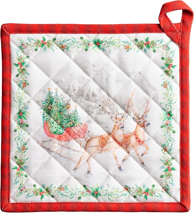 Maison d' Hermine Pot Holders 100% Cotton Heat Resistant Potholders 8" x 8" Hot Pads with Loop for Thanksgiving Christmas Decorations BBQ Cooking Handling Hot Pans (Pack of 1, Christmas Tradition)