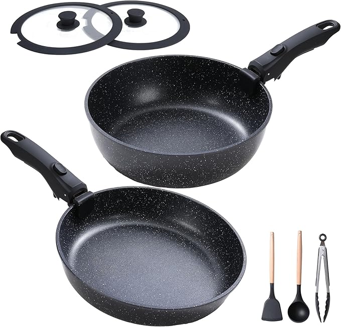 Frying Pan Set with Lid Nonstick Kitchen Cooking Pans 10??Skillets Pots and Pans Set with Detachable Handle Spatula Ladle Tong Induction Cookware Black 3.3QT and 10" Frying Pan Skillet
