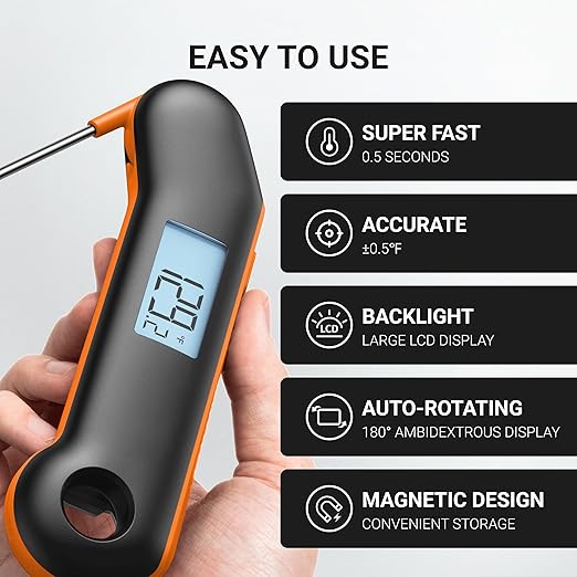 ThermoMaven Professional Meat Thermometer, Instant Read in 0.5 Sec, NIST Certified Accuracy 짹0.5째F, IP67 Waterproof, Ambidextrous Backlight, Auto-Rotating Display, for BBQ/Grill/Cooking, Black&Orange