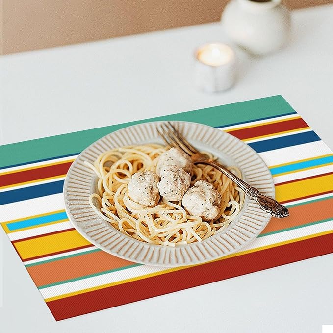 Modern Red Yellow Blue Teal Stripes Placemat, Set of 4 Heat Resistant PVC Place Mats for Kitchen Table