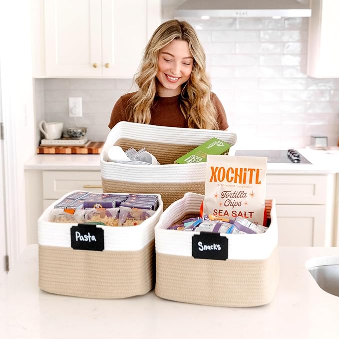 NaturalCozy Storage Baskets 16.8?쓝13?쓝7.6??Cotton Rope Woven Baskets for Organizing 3-Pack | Toy Storage Bins | Basket for Shelves, Laundry, Blanket, Clothes, Closet, Kitchen, Bathroom, Gifts