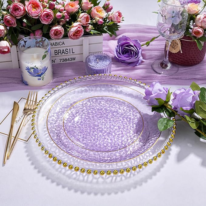 Rubtlamp 100Pcs Purple Gold Plastic Plates, Purple Disposable Plates With Gold Rim, Hammered Plastic plates Include 50 Clear Dessert Platos, 50 Dinner Platos for Party