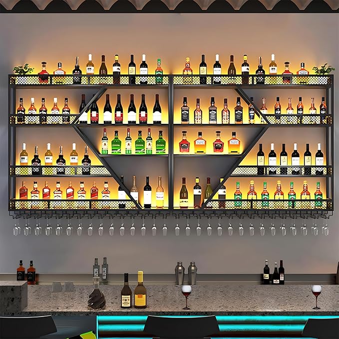 79in Metal Wine Rack Wall Mounted, Modern Wine Storage Rack Wall Mounted with Wine Glass Holder, Liquor Shelf, Bar Shelves for Liquor Bottles (4 Tiers Black, 79 * 7.87 * 48.5INCH)