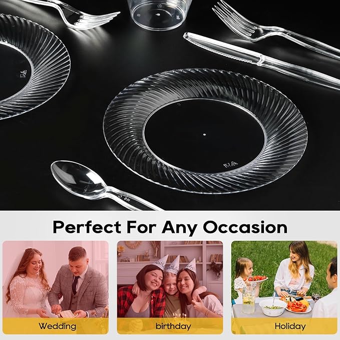 FOCUSLINE 7 Inch Clear Plastic Plates, 100 Count Disposable Heavy Duty Salad Dessert Plates, Premium Hard Plastic for Weddings, Parties & Events