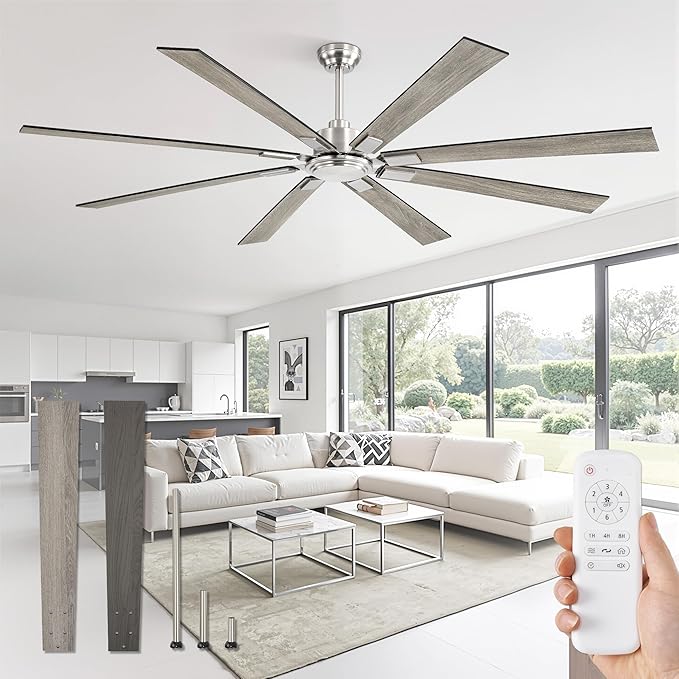 80 Inch Ceiling Fan No Light with Remote Control, 8 Blades Quiet DC Reversible Motor, 6-Speed, Timer, Brushed Nickel Finish, Indoor Outdoor Ceiling Fans for Patios, Living Room, Garage