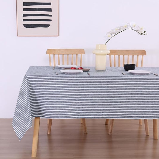 AORISSI 100% French Flax Linen Tablecloths Rectangle 144Lx60W Inch for Dinners, Parties, Easter, Halloween, Camping, Stone Washed, Textured, Machine Washable, 12-14 Sets (60''x144'', Blue Stripe)