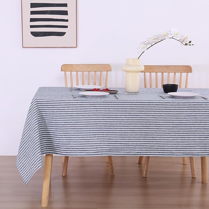 AORISSI 100% French Flax Linen Tablecloths Rectangle 84Lx60W Inch for Dinners, Parties, Easter, Halloween, Camping, Stone Washed, Textured, Machine Washable, 6-8 Sets (60''x84'', Blue Stripe)
