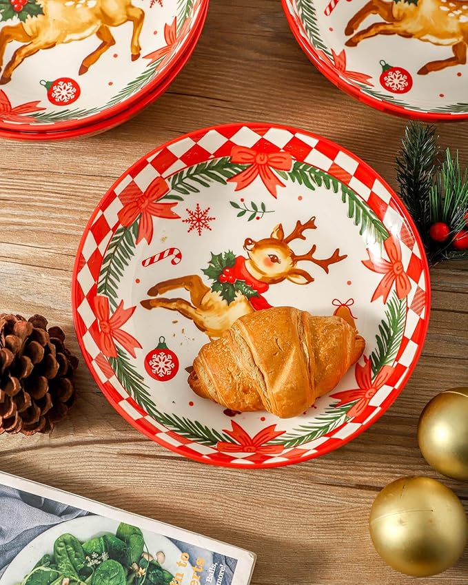 HASENSE Christmas Dishes,42OZ Pasta Bowl Set of 4, Ceramic Soup Bowl for Holiday Serving, Christmas Gifts for Women,Family, Friends,Seasonal Table D챕cor, and Winter Family Meals, Colorful