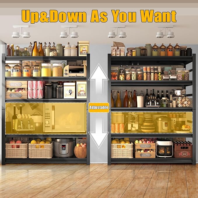 48''W Kitchen Shelves with Large Storage Capacity, Waterproof and Rust-Resistant Metal Racks, Multi-Functional Adjustable Kitchen Storage Shelf, Suitable for Kitchens, Storage Rooms, Black