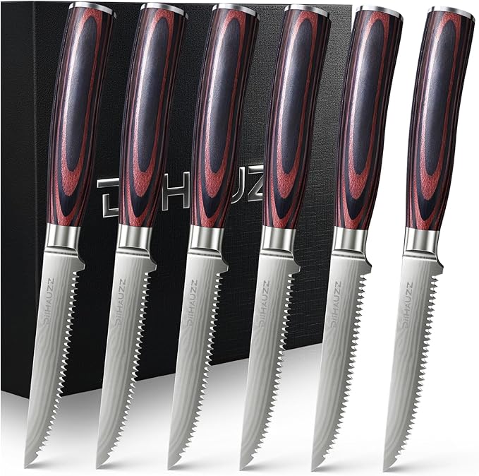 Steak Knives Set of 6, Serrated Steak Knife Set 4.5 Inch, Ultra Sharp Forged High Carbon Stainless Steel Dinner Knife with Ergonomic Pakkawood Handle, Damascus Pattern and Gift Box