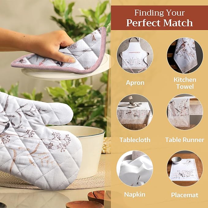 Maison d' Hermine 100% Cotton Oven Mitt & Pot Holder Set (7.5"x13" & 8"x8") Heat Resistant BBQ Cooking Gloves with Loop, Grilling, Kitchen, Handling Hot Pans Spring/Summer (Meadow Florals - Brown)