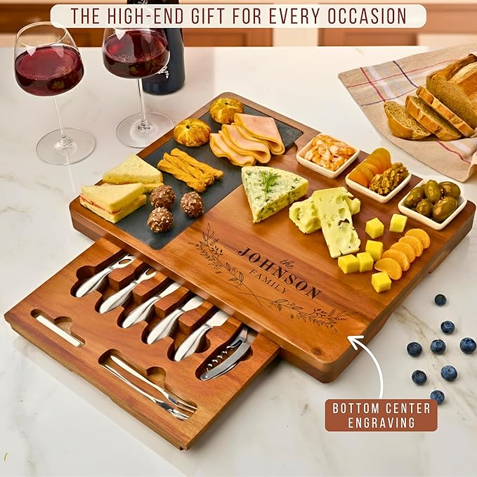 Personalized Acacia Wood Charcuterie Board Set with Stainless Steel Knives ??Custom Cheese Board Gift for Wedding, Christmas, Housewarming, Bridal Shower, Anniversary, Women and Couples, Gifts for Her
