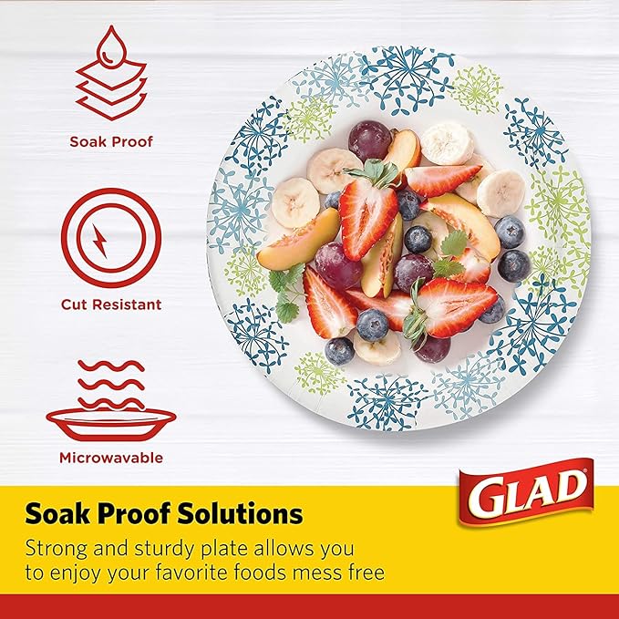 Glad Round Disposable Paper Plates, Blue Hydrangea Pattern - Strong, Sturdy, Soak Proof, and Microwavable Decorative Plates for Dinner and Everyday Use, 10 Inch, 50 Count - 12 Pack