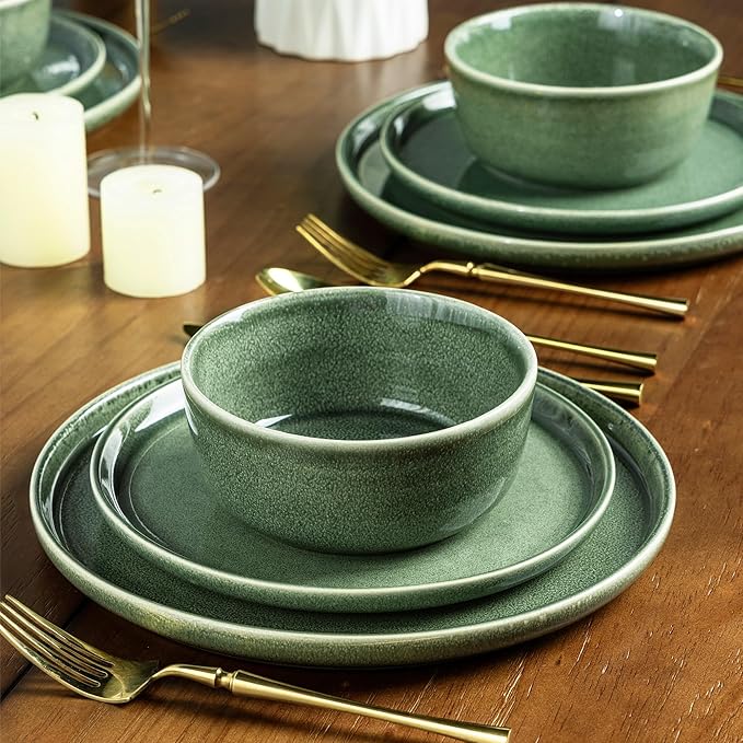 AmorArc Stoneware Dinnerware Sets for 4,Round Reactive Glaze Ceramic Plates and Bowls Set,Highly Scratch Resistant | Dishwasher & Microwave Safe Dishes Set,Service for 4 (12pc)