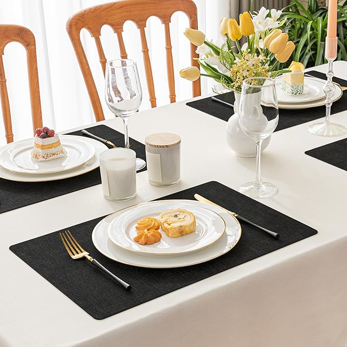 Romanstile Vinyl Placemats Set of 4-12 X 17 Inch - Heat Resistant Place Mats 100% Waterproof Oilproof Wipeable Reversible Faux Leather Table Mats for Kitchen, Dining, Party, Outdoor, Black
