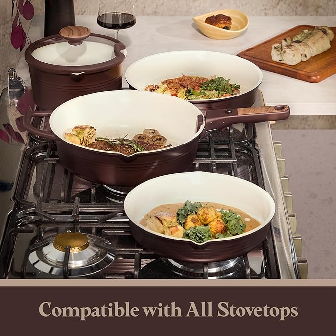 CAROTE 22Pcs Titanium Cookware Set, Pots and Pans Set Non Stick, Kitchen Cooking Set with Detachable Handle, Non Toxic Induction Cookware, Dishwasher/Oven Safe, Browm